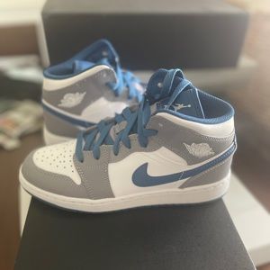 Air Jordan 1 Mid, cement grey/true blue, size 3.5. New in box, never worn!